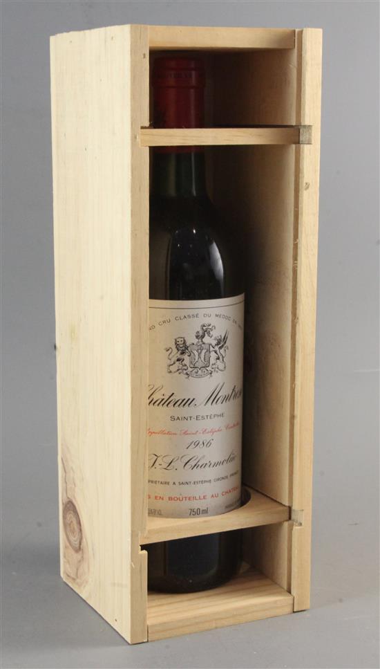 One cased bottle of Chateau Montrose, St. Estephe, 1986.